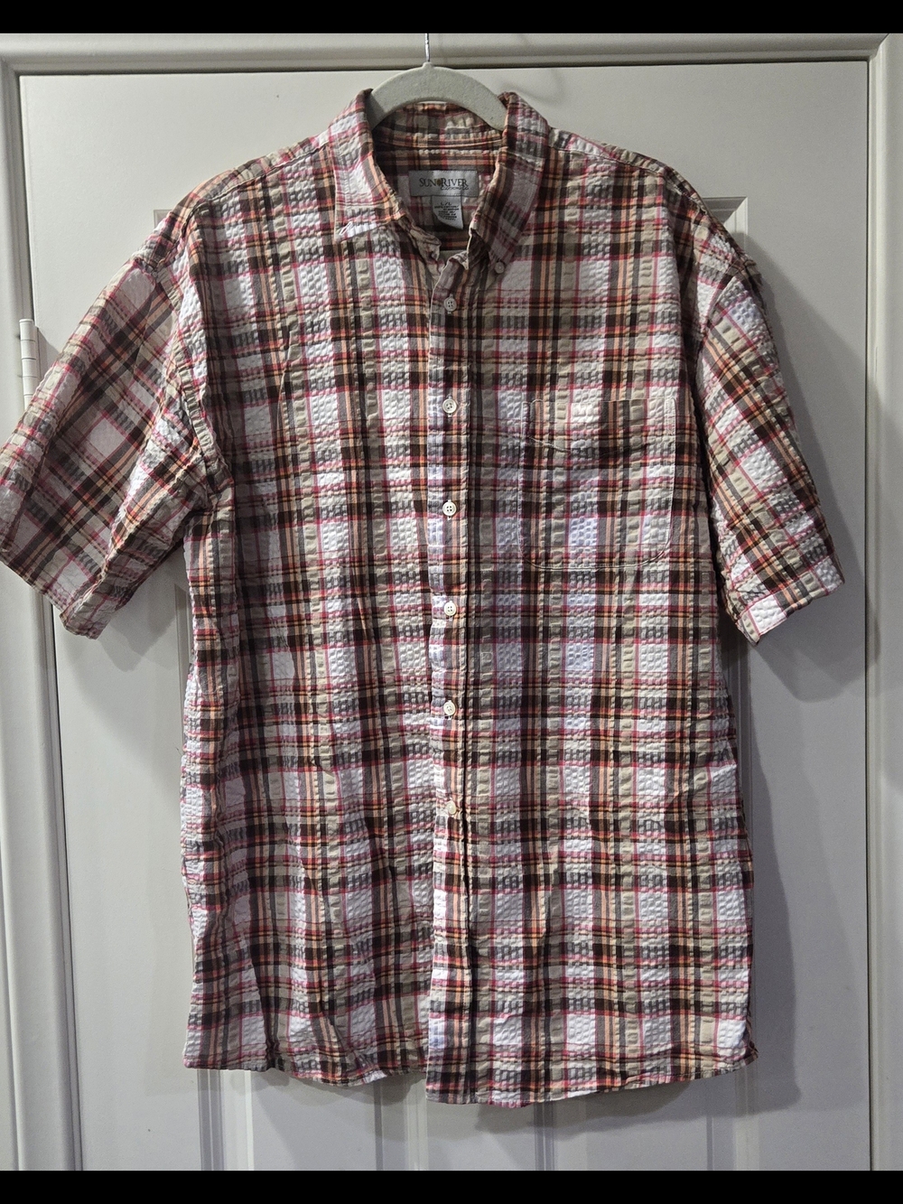 Sun River Clothing Co. Men's Plaid Seersucker Short Sleeve Button Down Shirt